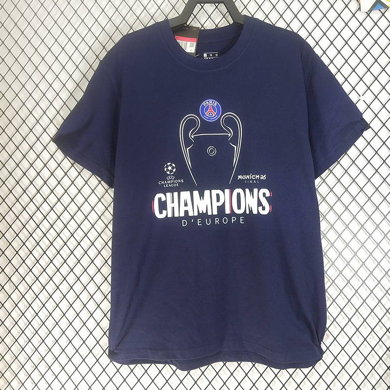 2025 PSG Royal blue CHAMPIONS High Quality Casual T-Shirt 宝蓝大杯白字