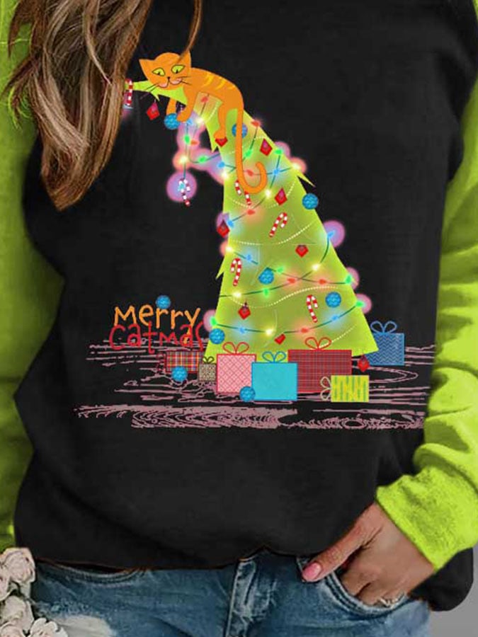 Cat Funny Merry Catmas Print Sweatshirt