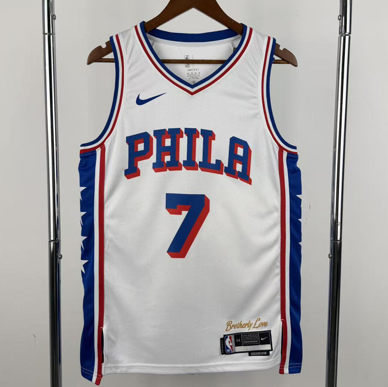 76ERS BROWN #7 White Top Quality Hot Pressing NBA Jersey (V领)