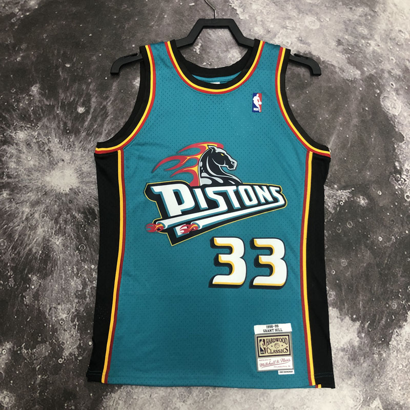 1998 Pistons HILL #33 Light blue Retro Top Qual...